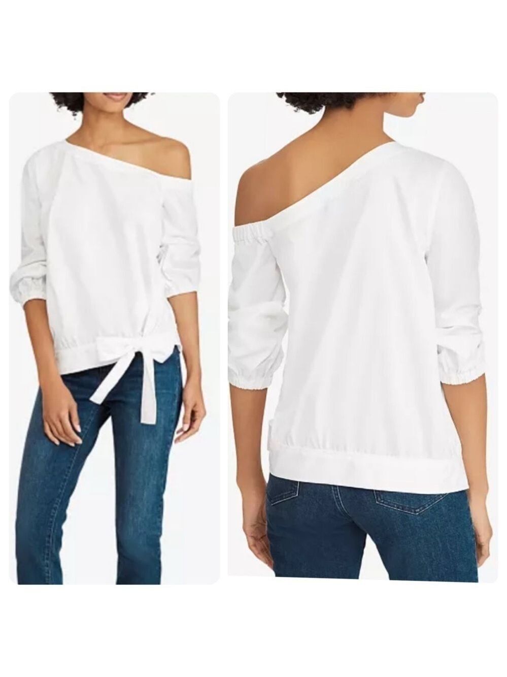 Lauren Ralph Lauren Asymmetrical Broadcloth Cotton Top Off Shoulder Blouse Sz 2X